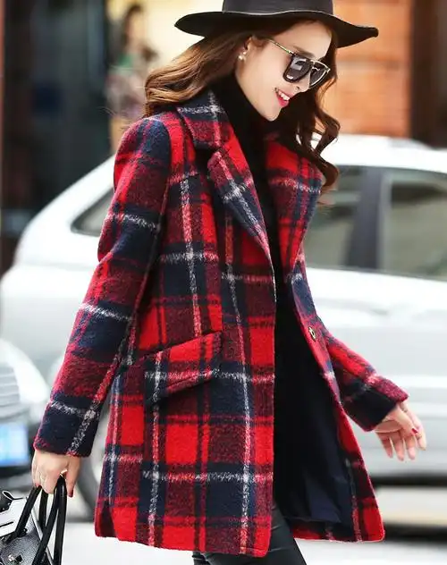 红格 韩版修身红格子呢大衣