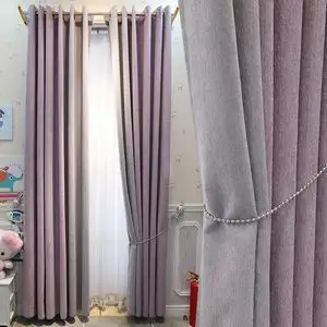 雪尼尔北欧简约现代灰色拼接紫色窗帘客厅卧室落地飘窗遮光定制