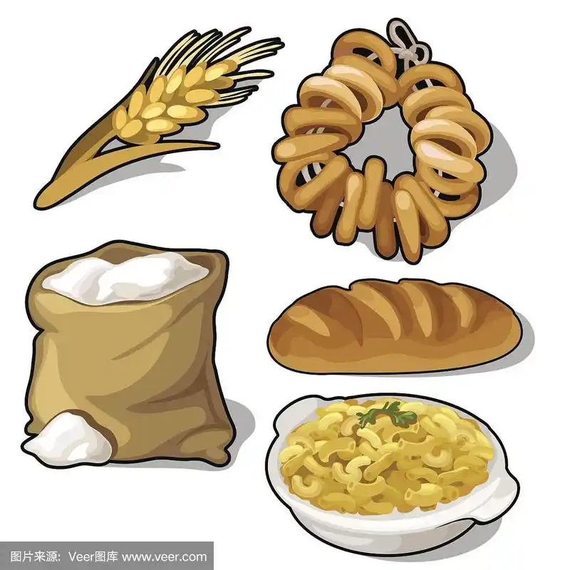 一套面粉,面包,百吉饼,谷物和耳朵