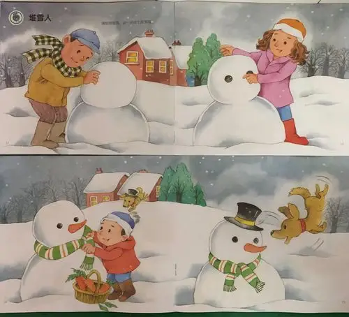仔细观察单幅画面,能根据事件线索讲述堆雪人的过程,尝试用标准的方位