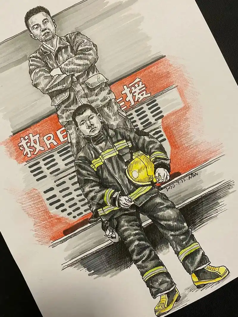 人物速写.#画画 #手绘 #消防员 #蓝朋友 ##火焰蓝 - 抖音