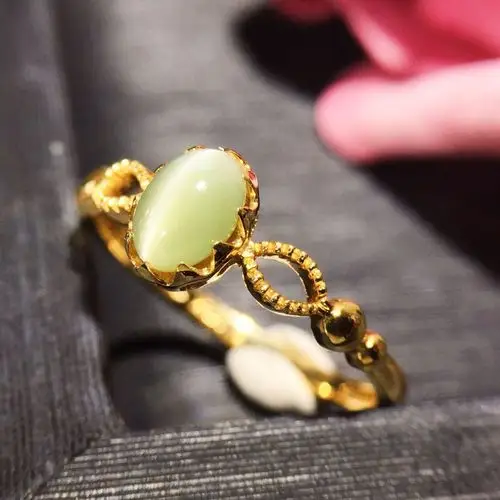 18k金镶天然金绿猫眼戒指