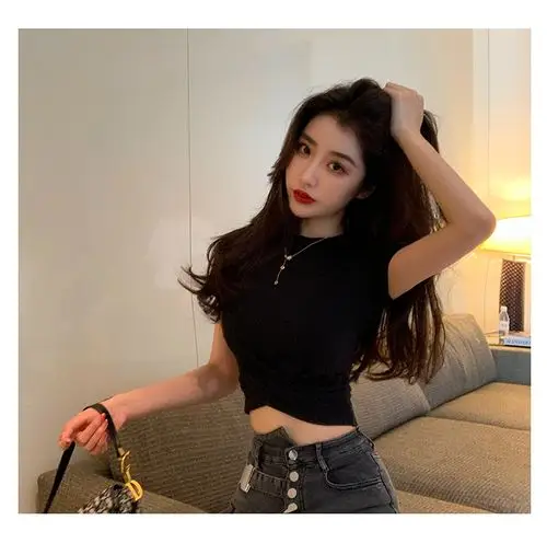 中青年超短女生t恤露脐上衣短袖t恤女短款修身性感2020年夏季洋气黑色