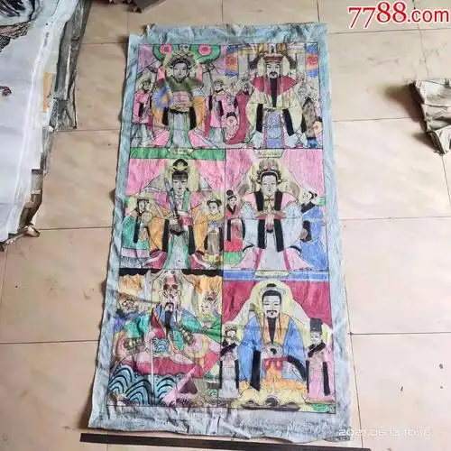纯手绘老布画,道教神像六个神人物画,有玉帝王母关公华佗等