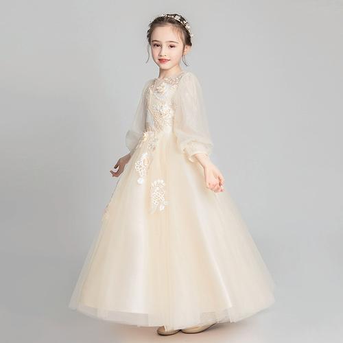 儿童晚礼服公主裙高端女童婚纱花童结婚小孩走秀演出服蓬蓬长袖冬