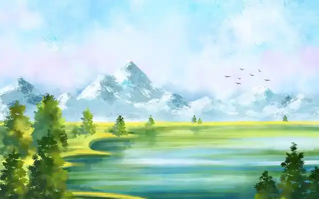 水彩风景背景手绘雪山湖泊草地大树蓝天白云天空唯美风景