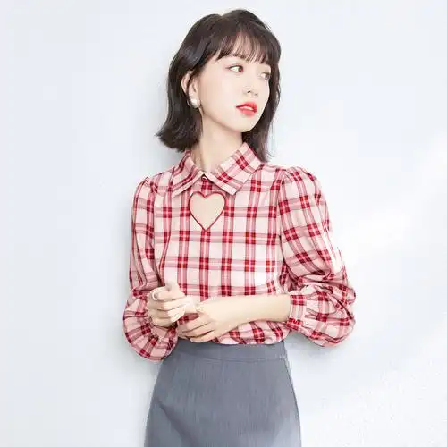 娃娃领衬衣女2022春款韩版宽松雪纺衫百搭上衣长袖爱心格子衬衫女