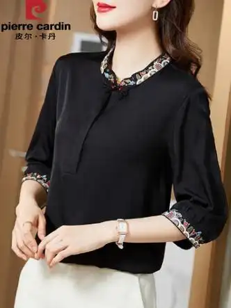 黑色真丝衬衫女2024夏装新款刺绣立领短袖衬衣复古盘扣桑蚕丝上衣黑色