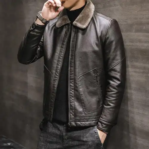 皮衣男冬季新款男士皮衣pu青年翻领休闲外套夹克皮毛一体男装批发