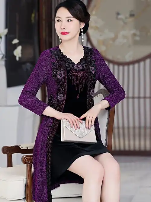 高端喜婆婆婚宴装两件套丈母娘参加婚礼妈妈礼服50岁秋冬款连衣裙