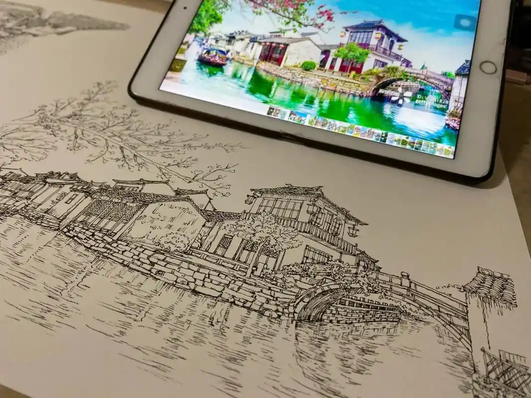 画一组苏州江南水乡的线稿