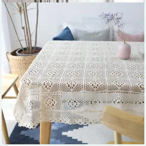 田园蕾丝长方形桌巾手工白色镂空钩针桌布