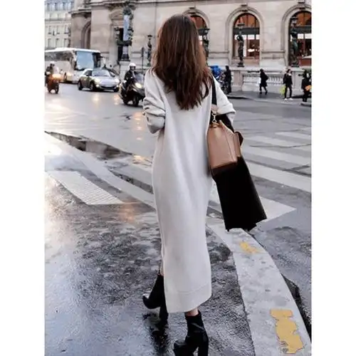 长款毛衣女套头秋冬季2018新款女装韩版宽松毛衣裙过膝针织打底衫