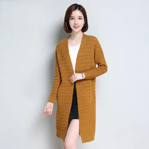 恒源祥秋冬新款女士中长款含羊毛长袖开衫宽松纯色针织衫毛衣套头