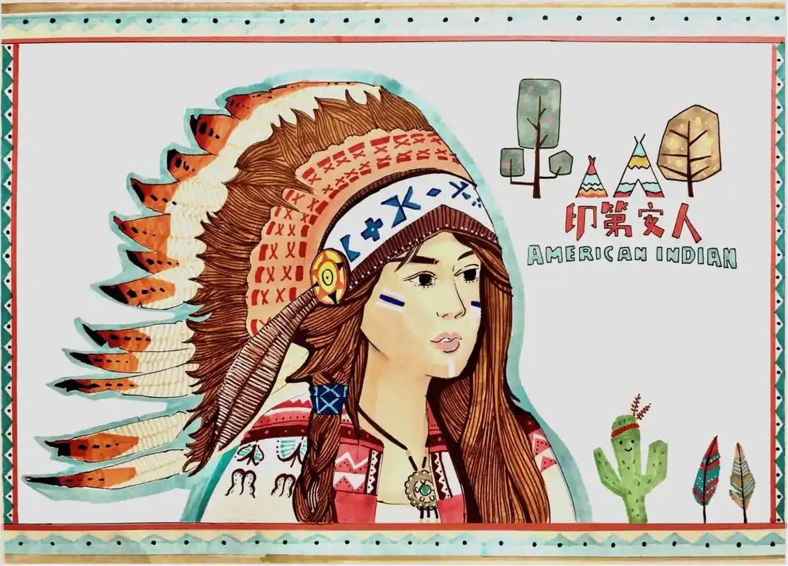 创意美术人物绘画头上的印第安人