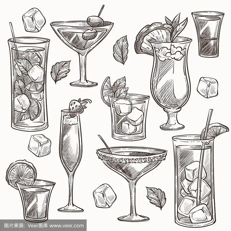 鸡尾酒孤立的草图,冰和水果片