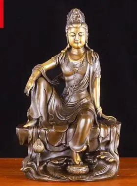 精工全铜自在观音摆件铜观音佛像观世音菩萨铜像居家佛像