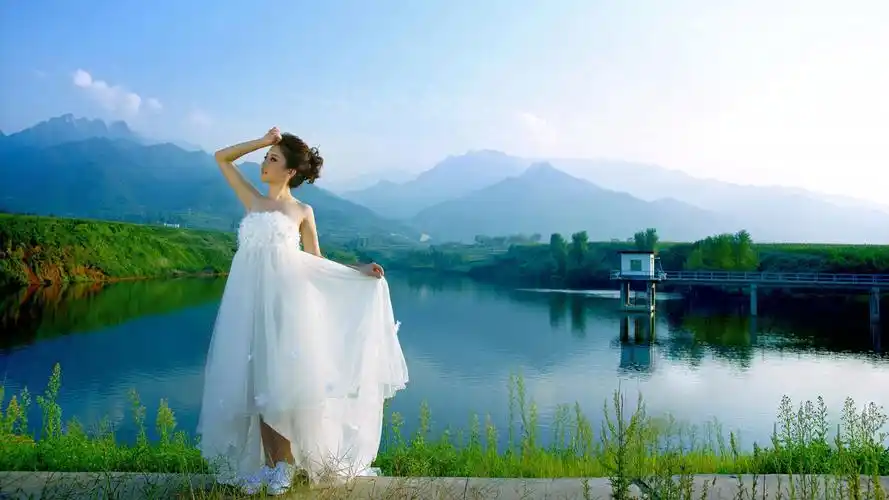 自然山水风景,白色纱礼服,婚纱美女壁纸