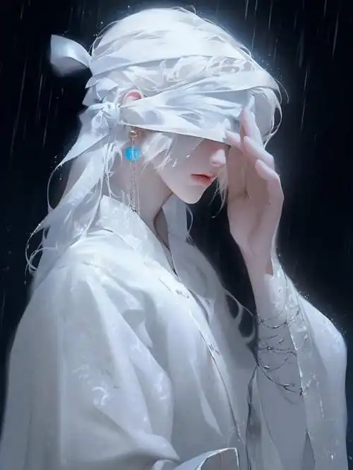 古风丝带遮眼白发男生头像 动漫唯美氛围感仙侠风纱布蒙眼男头