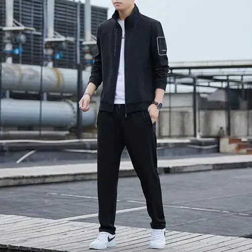 青年套装男士春秋季青年潮流帅气中年休闲夹克男爸爸运动两工作装
