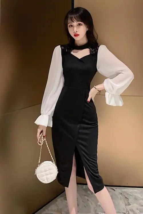 秋冬新款大码假两件中长款法式连衣裙蕾丝拼接性感赫本黑裙子