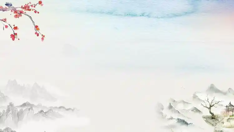 古典水墨群山梅花花瓣ppt背景图片
