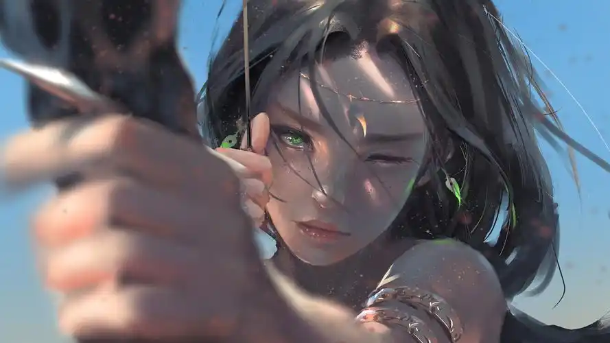 拉弓女孩绿色眼睛高清好看漂亮动漫女生壁纸