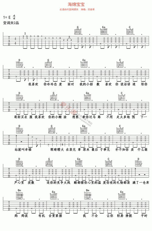 海绵宝宝吉他谱回音哥高清六线谱图片谱