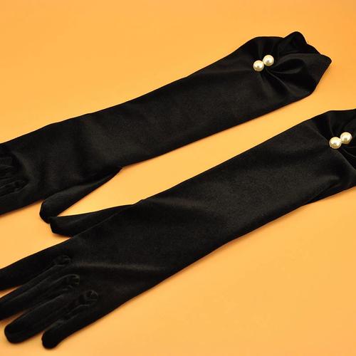 复古黑色珍珠蝴蝶结丝绒长手套名媛晚宴会礼服新娘拍照结婚纱配饰
