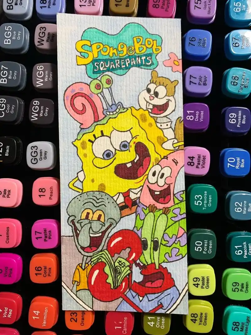 自制海绵宝宝全家福书签.#画画 #手绘 #马克笔手绘 #海绵 - 抖音