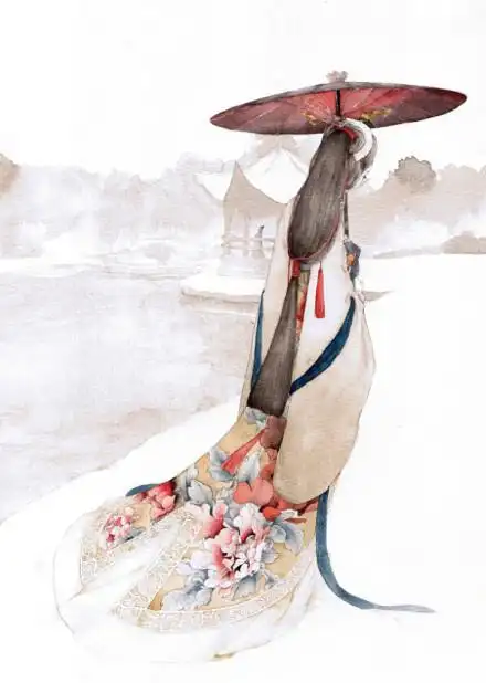 古代女子撑伞图!有意境的 重点是背影