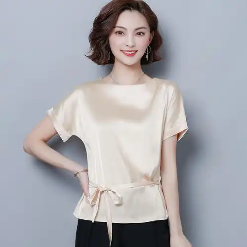 真丝上衣唯品会女装时尚洋气小衫显瘦收腰妈妈装短袖桑蚕丝t恤夏