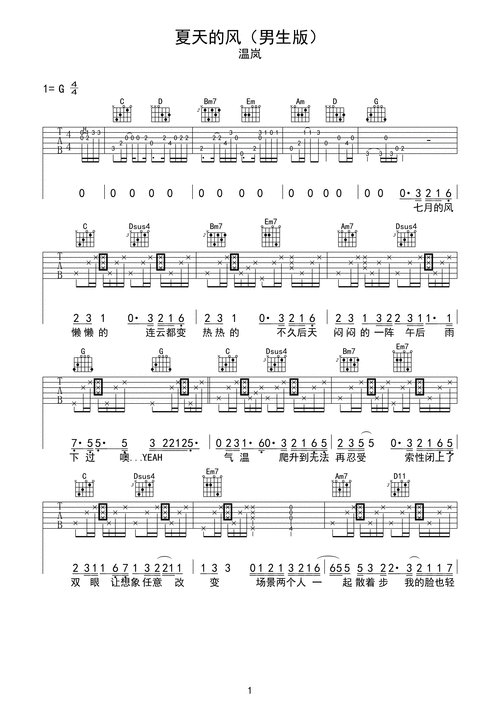 夏天的风吉他谱 温岚 g调 男生版第1张