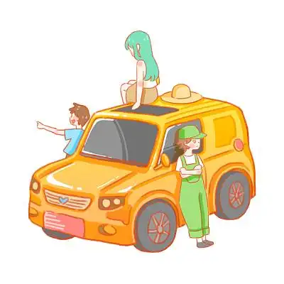 彩色手绘卡通人物夏令营旅游汽车出游元素png素材