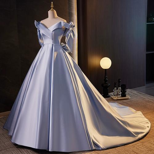 法式蓝色一字肩声乐演出主题敬酒服走秀高级感长裙晚礼服2023新款