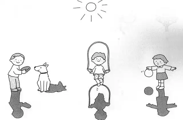 小朋友和动物正在游玩,请认真观察他们的动作,同时看一下他们的影子有