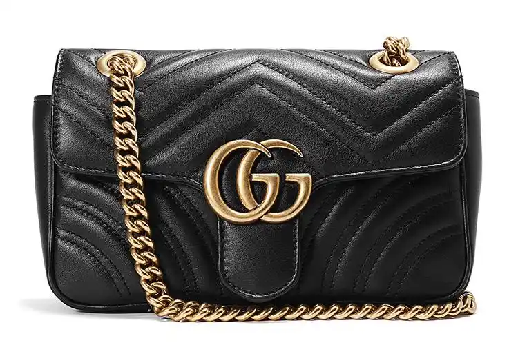 gucci(古驰) 经典款gg marmont系列女士黑色皮质绗缝迷你手袋