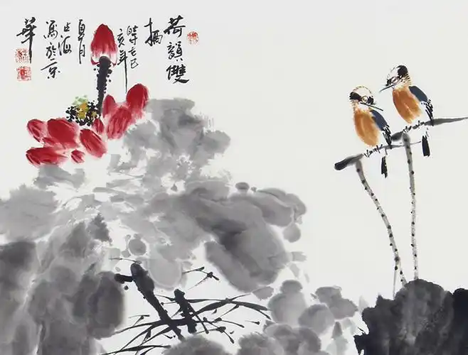 国画荷花图王占海四尺斗方写意花鸟画荷韵双栖