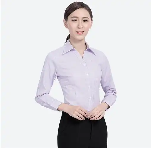 菡卿(hanqing)职业装衬衣女式正装领白底蓝色竖条纹长袖衬衫修身方领