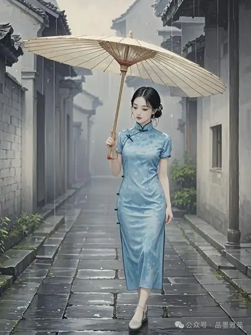 绘画素材,江南烟雨中的旗袍美女