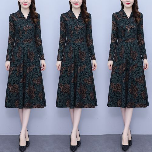 洋气质高端大牌贵夫人中老年妈妈长袖打底连衣裙子秋冬新大码女装