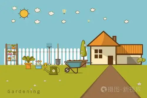 带有夏季花园自然背景的横幅或海报. 自然景观插图可爱卡通平面风格