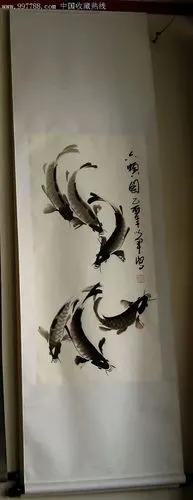 山东实力派画家三尺立轴已装裱好精品画《六顺鱼》