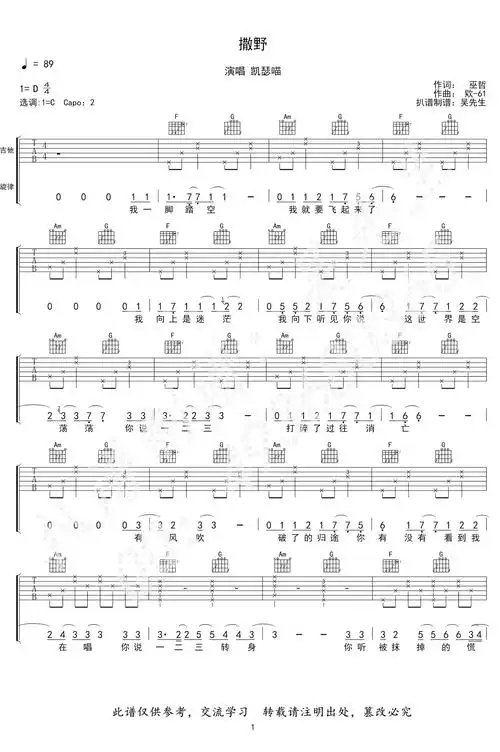 撒野吉他谱凯瑟喵c调弹唱谱巫哲撒野小说主题曲