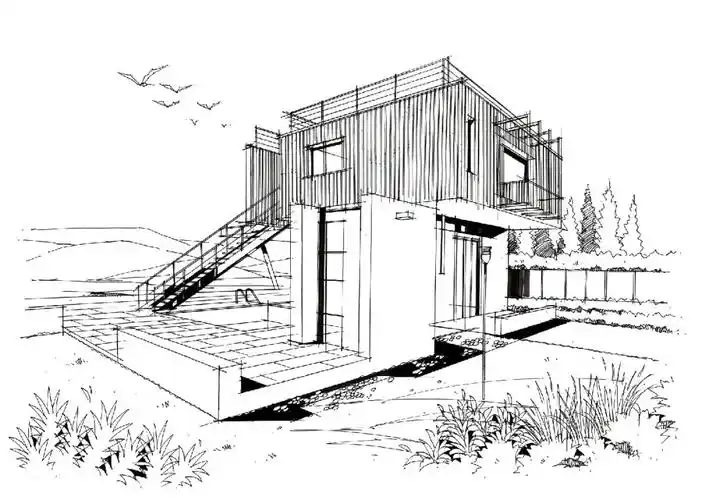 两点透视别墅空间线稿表现