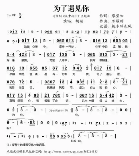 《为了遇见你(《风中战士》主题曲)——胡瑶(简谱)》吉他谱