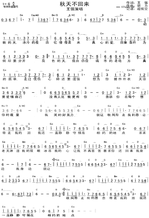 秋天不回来王强-男歌手--最新歌谱-曲谱资料