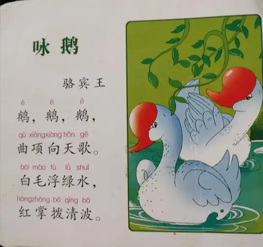这是宝宝学的第一首唐诗"咏鹅",也是她最爱朗读的一首诗.