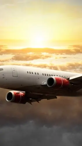 飞机飞行在夕阳的天空