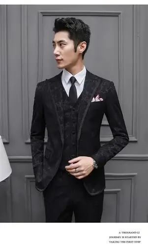 提花西服套装男士晚新郎结婚礼服修身司仪主持人潮流薄款西装 双排扣